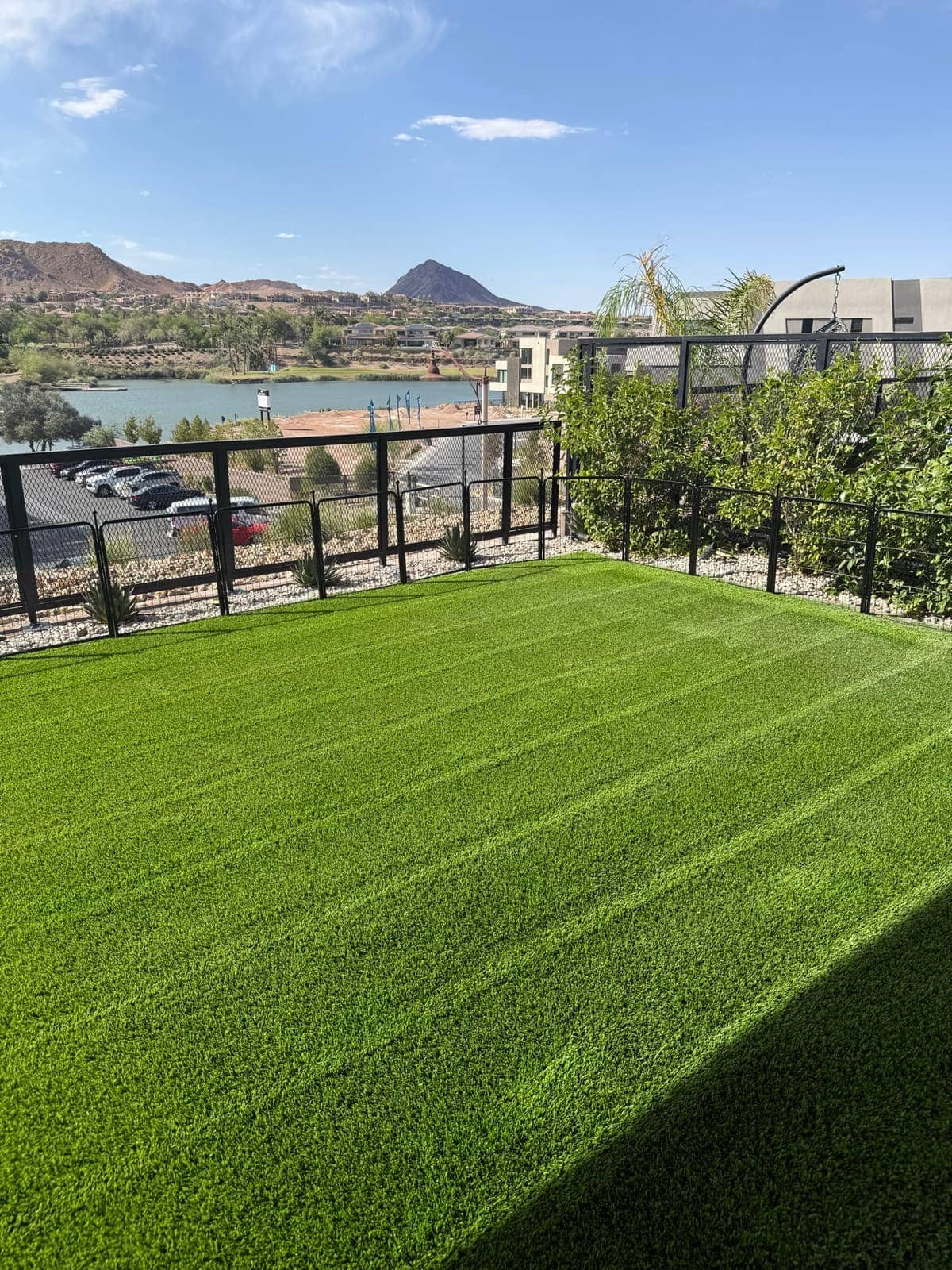 Freshly cleaned artificial turf overlooking Lake Las Vegas